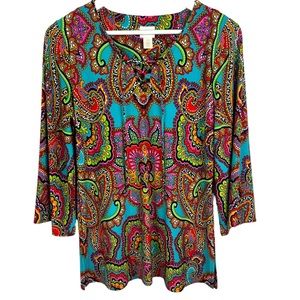 CHICOS Womens 0/4/S Multicolor Retro Paisley Print Top Blouse Criss Cross Tie